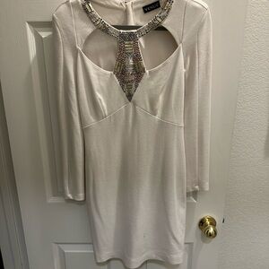 VENUS White Long Sleeve Dress with Embellished Neckline Medium/Large